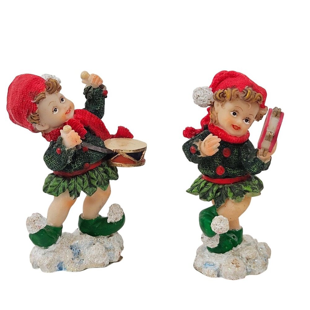 Ks Collections Christmas Elf Figurines Drum Tambourine Set of 2 Holiday Decor